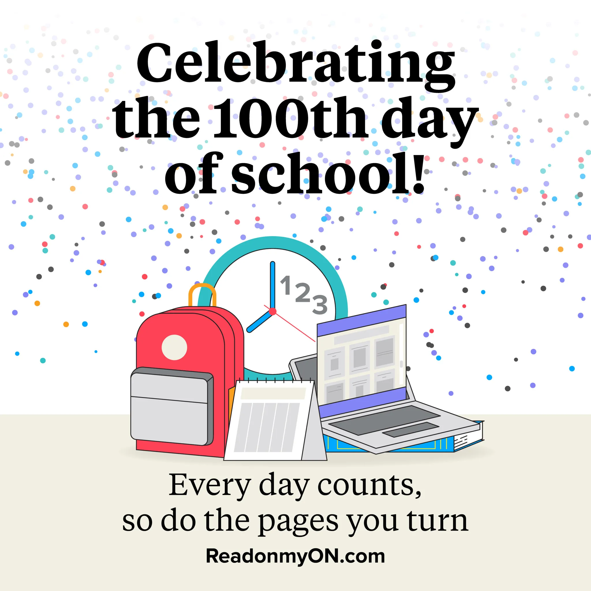 Graphic of a backpack, clock, and laptop